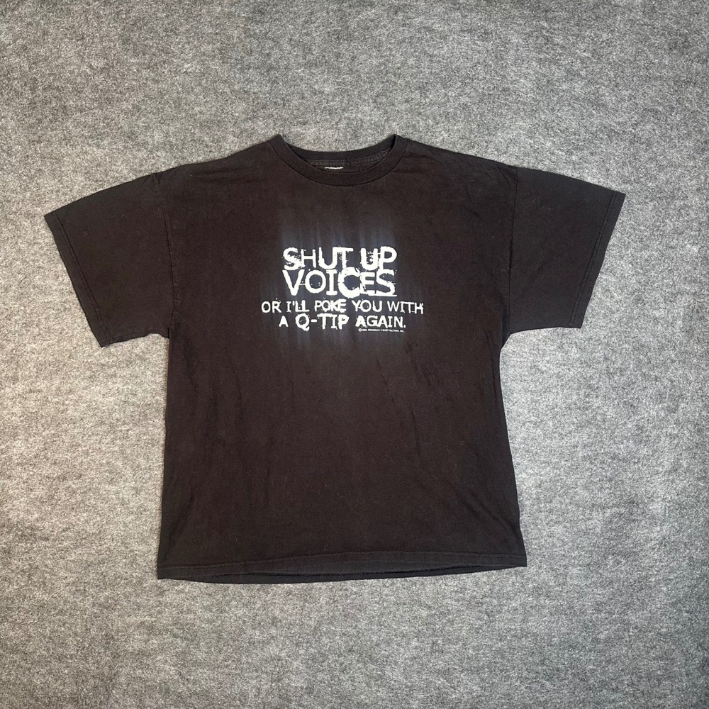 Vintage 2002 Brooklyn T-Shirt Factory Shut Up Voices Graphic Tee Black Mens L